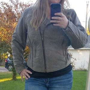 Leather biker jacket tan cream zip-out liner vintage XL